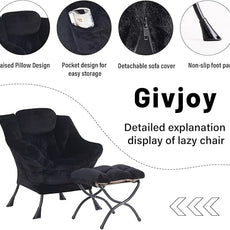 Plush Lazy Chair and Ottoman, Large Contemporary Accent Lounge Chair with Armrests and a Side Pocket, Modern Leisure Upholstered Sofa Reading Armchair with Footrest for Bedroom, Living Room