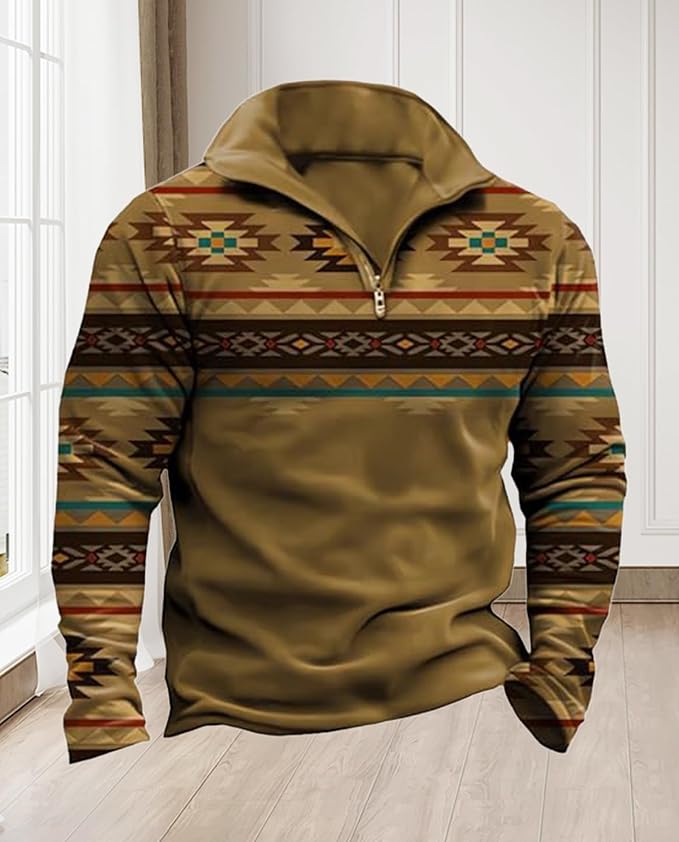 Western Sweatshirts for Men Aztec Cowboy Vintage Graphic Fleece Hoodie Mens Quarter Zip Pullover Country Jacket