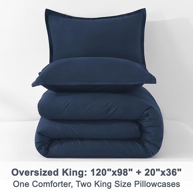 Litanika Comforter Set, Lightweight Solid Bedding Comforter Set, Fluffy Down Alternative Bed Set, Navy Blue, Oversized King