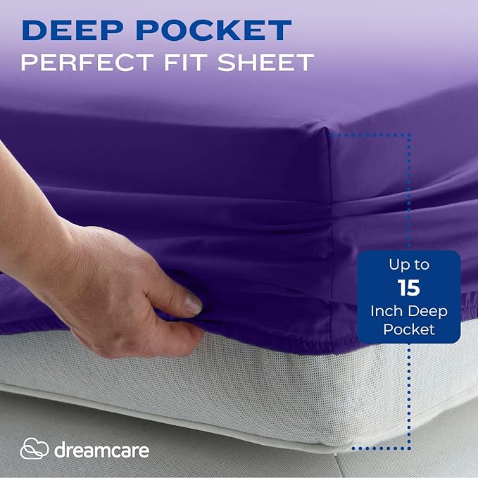 DREAMCARE Full Size Sheets - Cooling Bed Sheets - 4pcs Set - up to 15" Deep Pocket Full Sheet Set - Sheets Full Size Bed - Soft & Long Lasting 100% Fine Brushed Polyester with Side Pocket - Purple DREAMCARE