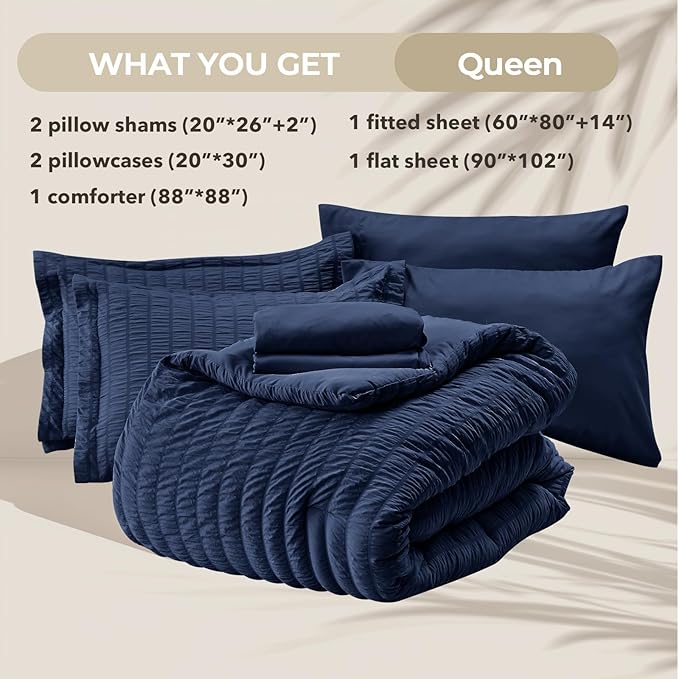HYMOKEGE Navy Blue Queen Comforter Set Seersucker 7 Pieces, All Season Luxury Bed in a Bag for Bedroom, Bedding Set with Comforters, Sheets, Pillowcases & Shams