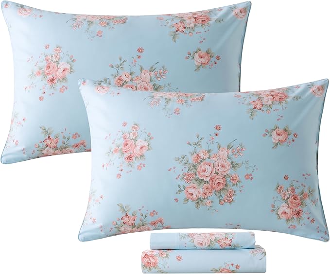 FADFAY Sheets Set Queen Blue Rose Floral Bedding Rustic Peony Flower Bed Sheet Set Vintage Farmhouse Bedding 100% Cotton Ultra Soft Breathable Beddings with Deep Pocket Fitted Sheet 4Pcs, Queen Size