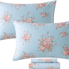 FADFAY Sheets Set Twin XL Blue Rose Floral College Bedding Rustic Peony Dorm Sheets Vintage Farmhouse Bedding 100% Percale Cotton Breathable Sheet with Deep Pocket Fitted Sheet 4Pc, Twin XL Size