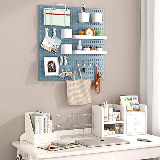 Peg Board Combination Kit, 4 Pegboards with 20 Accessories, Pegboard Wall Organizer for Office, Nursery & Home Storage, Key Holder, 25.6"x25.6" – Nail-Free Installation（Blue）