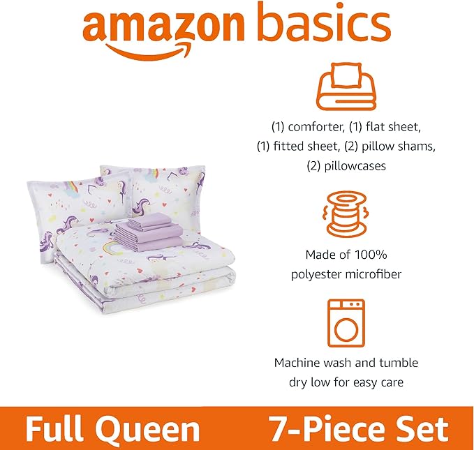 Amazon Basics Microfiber Kids' Bed-in-a-Bag 7-Piece Bedding Sheet and Comforter Set, Full/Queen, Unicorn Print