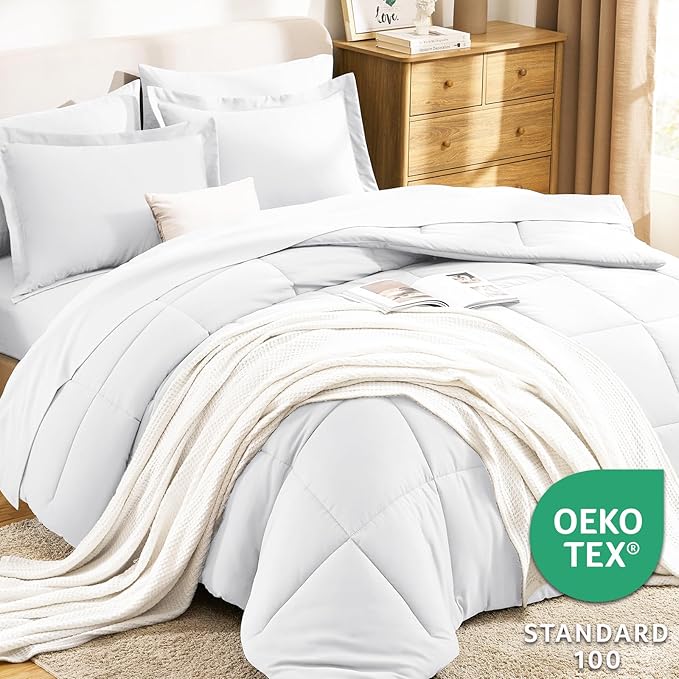 CozyLux King Size Comforter Set White - 7 Pieces Bed in a Bag King, Okeo-Tex Certifited Bedding Set, All Season Soft Bed Set with Down Alternative Comforter, Sheets, Pillowcases & Pillow Shams