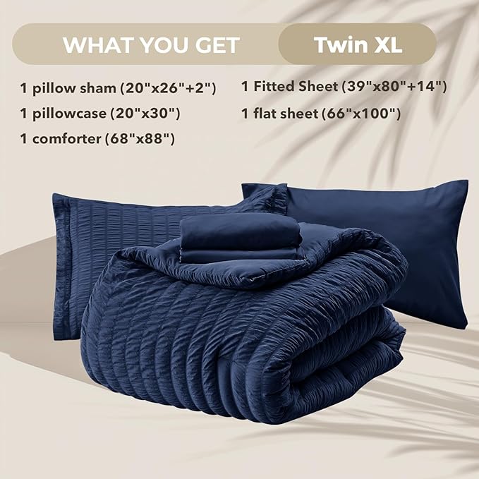 HYMOKEGE Navy Blue Twin XL Comforter Set Seersucker 5 Pieces, All Season Luxury Bed in a Bag for Bedroom, Bedding Set with Comforter, Sheets, Pillowcase & Sham