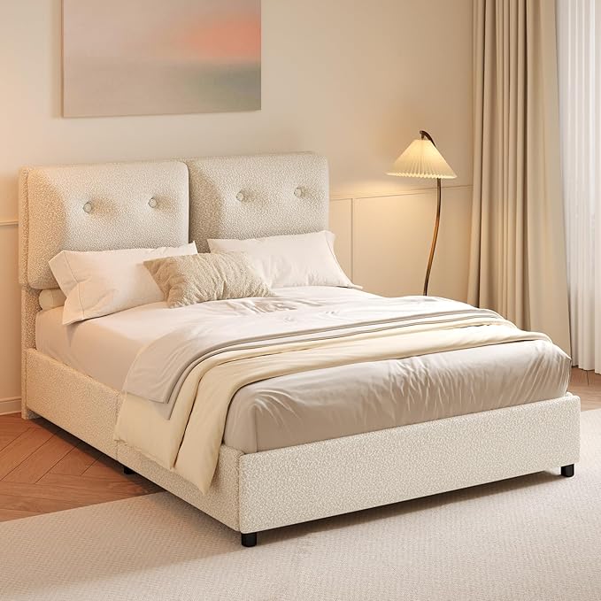 Queen Bed Frame with Headboard, Cloud Boucle Upholstered Bed Frame, Modern Soft Style, Adjustable Headboard, No Box Spring Needed, Easy Assembly, Beige