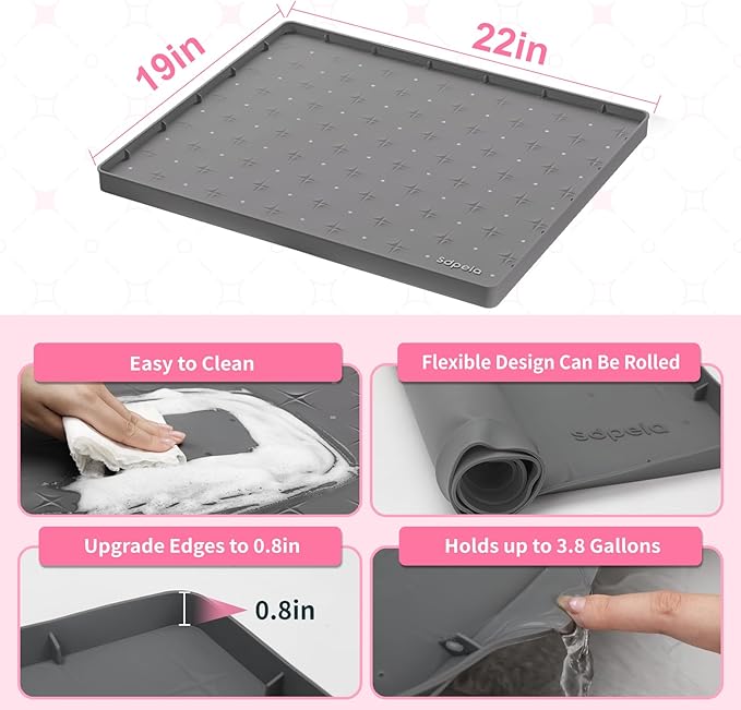 Sdpeia Under Sink Mat 22"×19" Waterproof Silicone Cabinet Liner & Sink Protector for Kitchen & Bathroom, Multi-Purpose Organizers Tray for Pets, Laundry, Cat Litter Mat,Gray