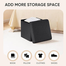 PINPLUS Storage Ottoman Cube Square Shaped Ottomans with Storage Foot Stool Footrest for Lving Room Boucle Ottoman Seat for Dorm Room,Faux Teddy Fur Black,12.6