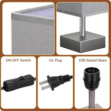 aooshine Grey Table Lamp - Bedside Lamp for Bedroom, Minimalist Nightstand Lamp with Square Fabric Shade, Desk Lamp for Kids Room Dorm