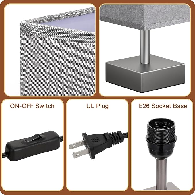 aooshine Grey Table Lamp - Bedside Lamp for Bedroom, Minimalist Nightstand Lamp with Square Fabric Shade, Desk Lamp for Kids Room Dorm