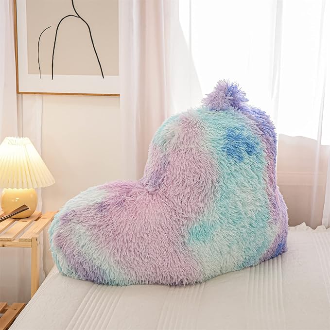 A Nice Night Faux Fur Reading Pillow Bed Wedge Large Adult Children Backrest with Arms Back Support for Sitting Up in Bed/Couch for Bedrest,BluePurple,More Large