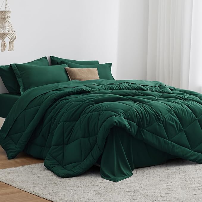 Love's cabin Full Comforter Set Dark Green, 7 Pieces Full Bed in a Bag, All Season Bedding Sets with 1 Comforter, 1 Flat Sheet, 1 Fitted Sheet, 2 Pillowcase and 2 Pillow Sham