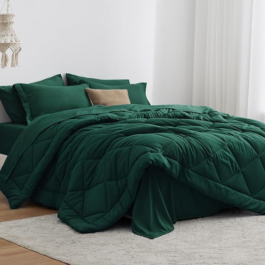 Love's cabin Full Comforter Set Dark Green, 7 Pieces Full Bed in a Bag, All Season Bedding Sets with 1 Comforter, 1 Flat Sheet, 1 Fitted Sheet, 2 Pillowcase and 2 Pillow Sham