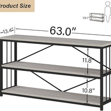 HSH Long Bookshelf, Large Wood Wide Grey Horizontal Book Shelf Under Window, Modern Open Etagere Bookcase for Bedroom Living Room, Industrial Wooden Metal Display Bookshelves for Home Office, 63 Inch