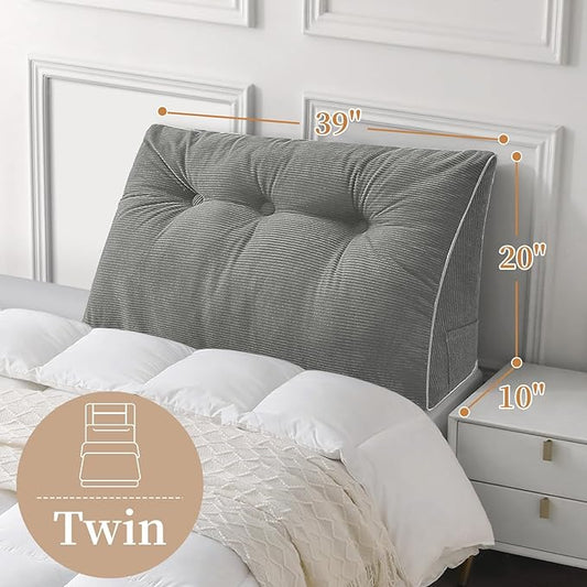 Sasttie Headboard Pillow Twin/Twin XL, Wedge Pillow Headboard for Dorm, Triangular Daybed Backrest Cushion for Sitting or Reading in Bed, with Removable Washable Cover, Light Grey