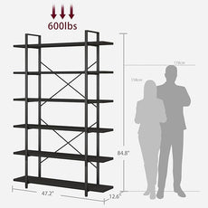 HSH 6 Tier Tall Black Bookshelf, Modern Large Storage Book Shelves & Display Book Shelf,Industrial Open Vertical Metal and Wood Black Bookcases 6 Shelf for Bedroom Living Room Office, Black Oak