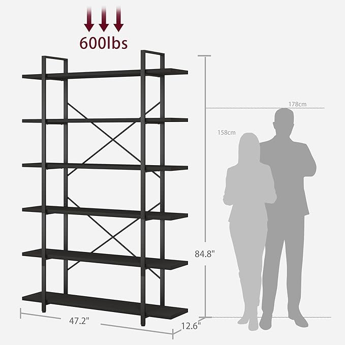 HSH 6 Tier Tall Black Bookshelf, Modern Large Storage Book Shelves & Display Book Shelf,Industrial Open Vertical Metal and Wood Black Bookcases 6 Shelf for Bedroom Living Room Office, Black Oak