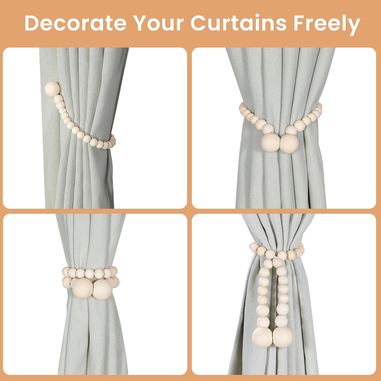 KLOGTSIND Magnetic Curtain Tiebacks, Curtain Tie Backs for Curtains 4 Pack, Wood Bead Curtain Tiebacks, Curtain Holders for Boho Bedroom Decor, Baby Nursery Decor, Farmhouse Decor Dormly