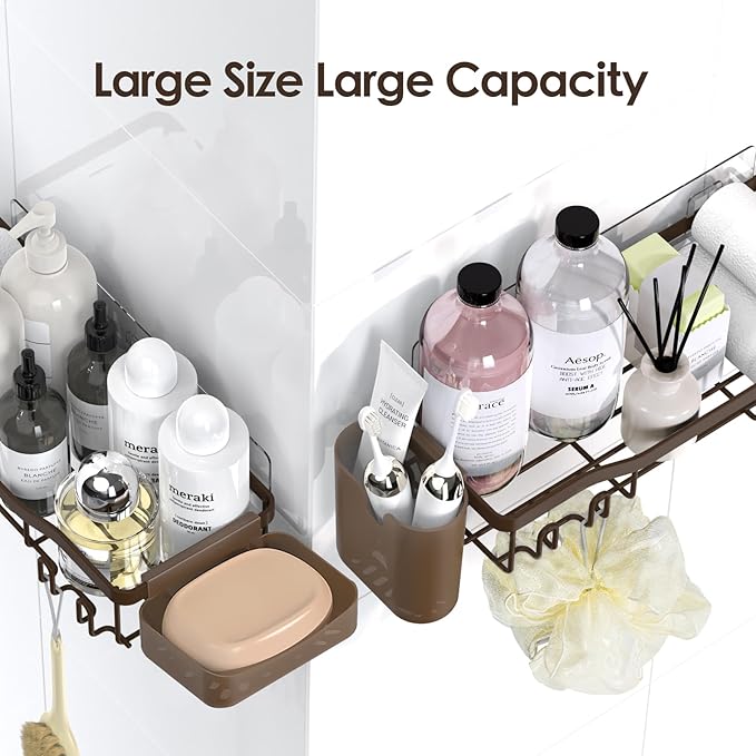 Shower Caddy Adhesive Shower Organizer 7-Pack, Rustproof Stainless Steel Bathroom Shelves, Large Capacity No-Drill Rack Storage Accessories with Soap Dish Toothbrush Holder Hooks (Brown)