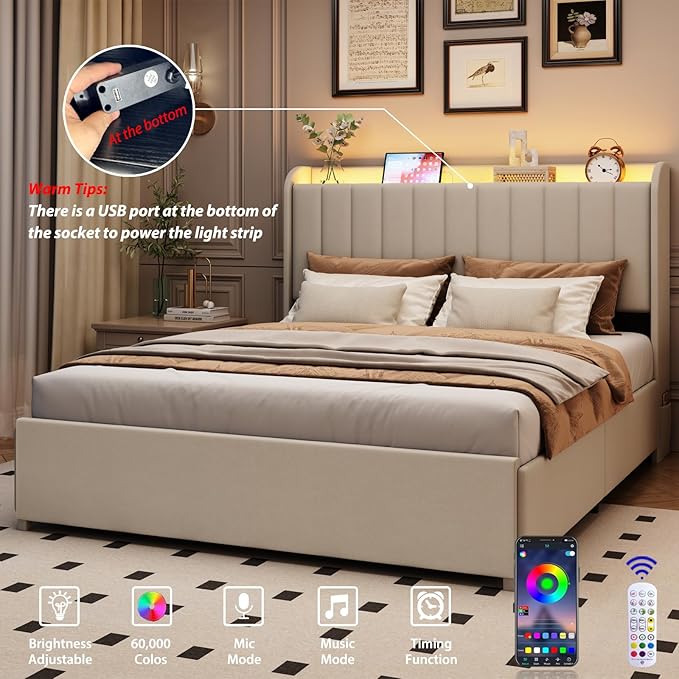 Queen Bed Frame with 4 Drawers and Storage Headboard, Upholstered Platform Bed Frame Queen Size with Led Lights and Handy Charging Station, No Box Spring Needed, Easy Assembly, Noise Free, Beige
