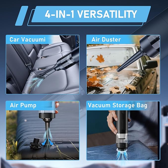 Cordless Car Vacuum,4-in-1 Portable Mini Handheld Vac,2 Suction Modes,16kpa Suction Power Blowing & Inflating 2 Modes,Vacuum for Car,Home,Pet Hair,Office, Desk,Keyboards (Black)
