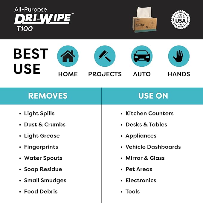 Dri-Wipe™ T100 All-Purpose Center-Pull Wipes – 24 Boxes of 200 (4,800 Total) – Disposable Cleaning Wipes, a Smarter Alternative to Paper Towels for Janitorial, Retail & Foodservice Use
