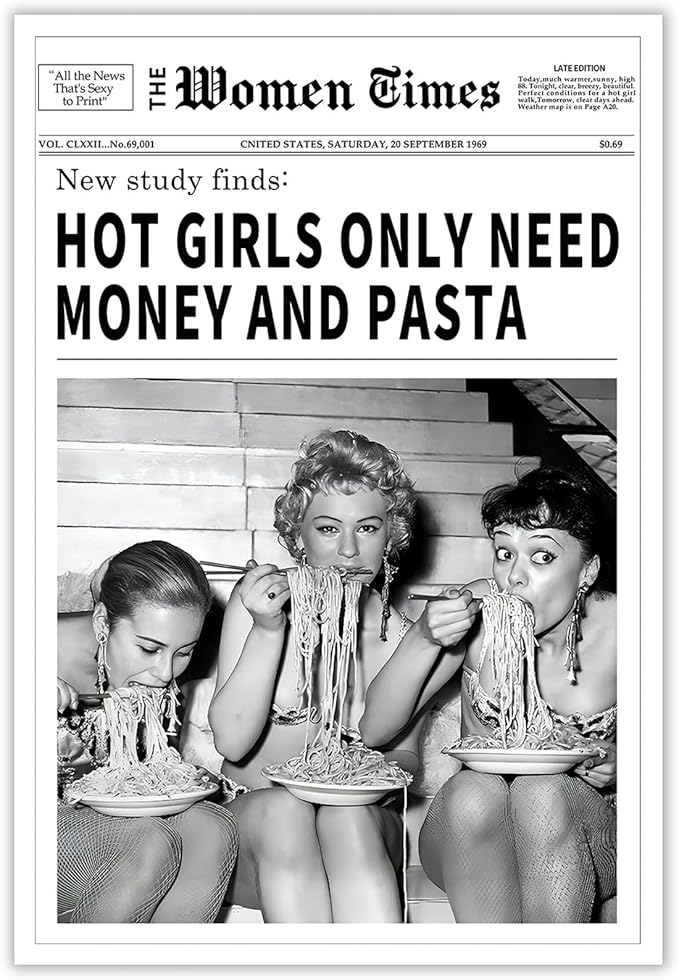 Vintage Women Times Newspaper Canvas Wall Art Black and White Aesthetic Poster Funky Hot Girl Eating Pasta Fashion Prints for Italian Kitchen Bar Cart Girly Dorm Room Art Posters 24x36inch Unframed