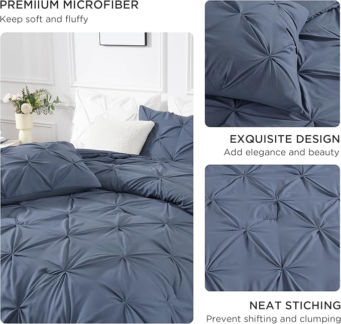 Andency Dark Blue Grey Queen Comforter Set, 3 Piece All Season Decorative Pintuck Bedding Comforter & Sets, Dark Blue Grey Soft Microfiber Lightweight Washable Bed Set for Queen Size Bed