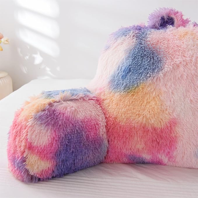 A Nice Night Faux Fur Reading Pillow Bed Wedge Large Adult Children Backrest with Arms Back Support for Sitting Up for Bedrest,PinkPurple