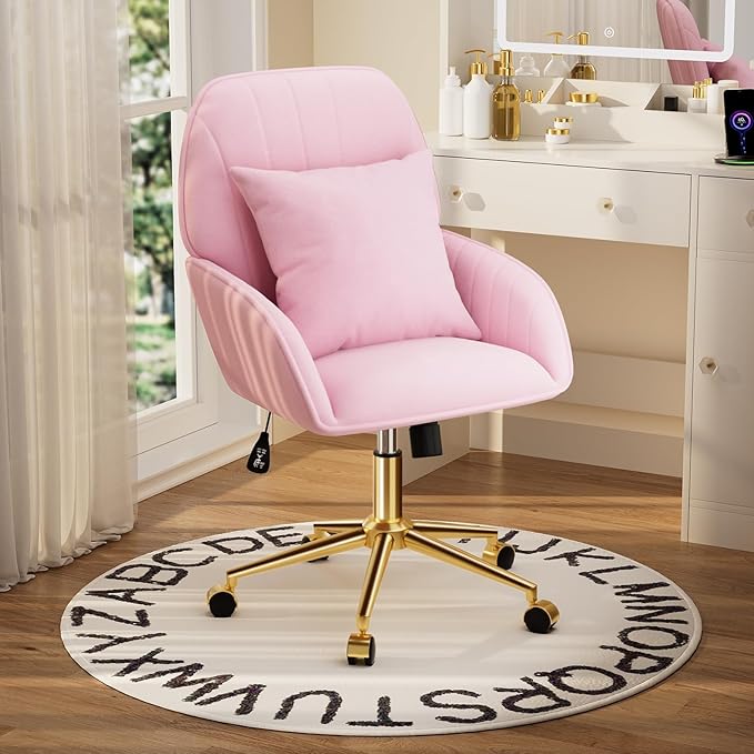 Pink Velvet Desk Chair with Pillow, Upholstered Home Office Desk Chair Makeup Vanity Chair with Swivel Wheels, Ergonomic Office Chair Computer Task Chair for Living Room, Bedroom
