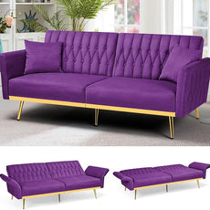 70” Velvet Futon Sofa Bed with 2 Pillows and Adjustable Armrests, Convertible Sleeper Bed W/Adjustable Backrests, Modern Loveseat for Living Room, Bedroom, Purpel