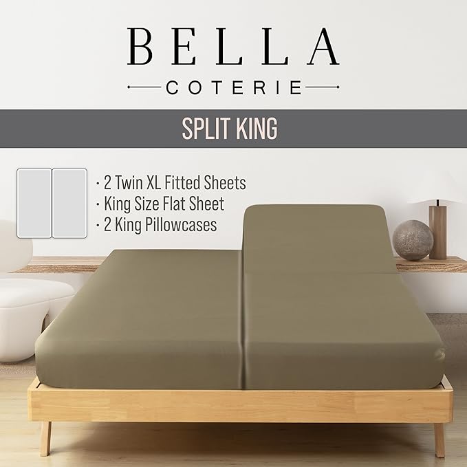 Bella Coterie Luxury Bamboo Viscose Split King Size Sheet Set | 2 Fitted Sheets for Sleep Number & Adjustable Beds | 100% Organically Grown | Cooling & Ultra Soft | 18” Deep Pocket [Olive] BC