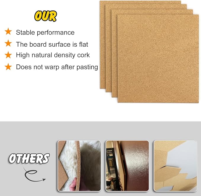 TUPARKA 4 Pack Cork Board 12"x12" - 1/4" Self-Adhesive Corkboards With 100 Push Pins, Bulletin Boards, Square Cork Tiles for Home, School, Office Decorative (4, 12"x12")
