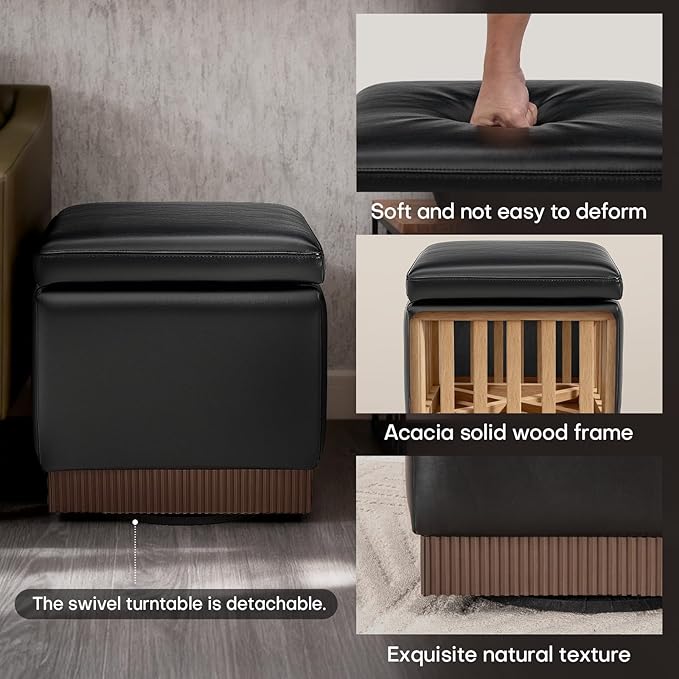 Square Ottoman with Storage,Swivel Vanity Stool-Faux Leather Foot Rest,Upholstered Footstool Pouf with Sturdy Acacia Wood Frame(500lbs),Small Coffee Table & Hidden Storage for Living Room
