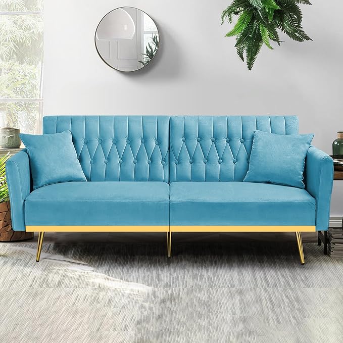 70” Velvet Futon Sofa Bed with 2 Pillows and Adjustable Armrests, Convertible Sleeper Bed W/Adjustable Backrests, Modern Loveseat for Living Room, Bedroom, Baby Blue