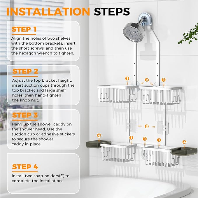 REINHARDT Aluminum Shower Caddy Hanging Adjustable Shower Caddy, Rustproof Hanging Shower Organizer with Hooks Soap Holders, Over Shower Head Caddy for Handheld Showerhead, White