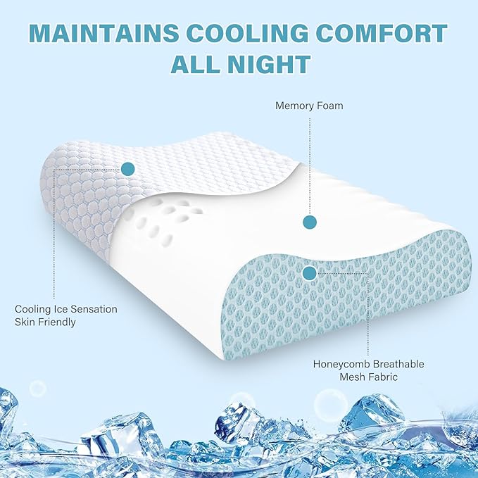 2 Pack Memory Foam Cooling Bed Pillows for Sleeping, Ergonomic Cervical Pillow for Neck and Shoulder Pain Relief, Adjustable Cold Pillow Set of 2,with Pillowcase（Blue）
