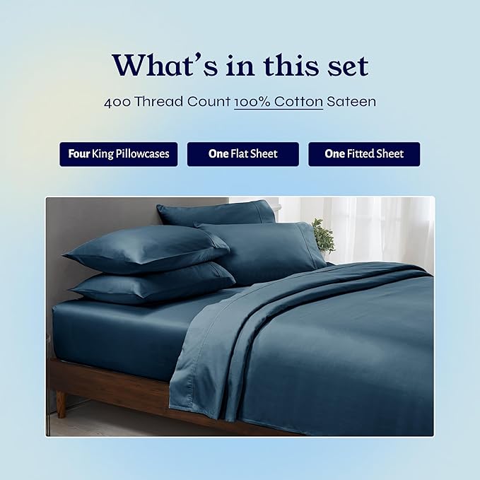 California Design Den 6-Pc King Size Sheet Set with 4 Pillowcases - Soft 400 Thread Count 100% Cotton Sheets, Sateen Weave, Deep Pocket Bedsheets Set - Peacock Blue CaliforniaDesignDen