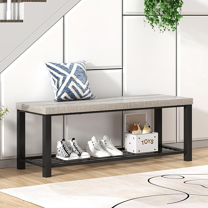 FOLUBAN Entryway Bench, Rustic Wood and Metal Shoe Storage Bench for Hallway Front Door Entrance, Industrial Indoor Bench for Bedroom Living Room, 43.3 Inch Light Grey