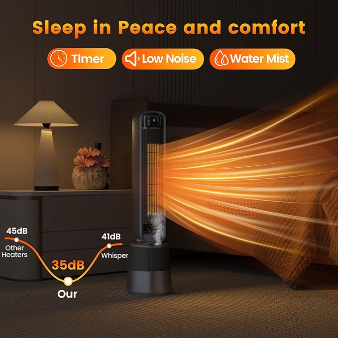 VCJ 36" Space Heaters with Humidifier, 12H Timer Electric Heater for Indoor Use, Remote, 150° Oscillation, Overheat & Tip-Over Protection, Quiet Portable Tower Heater for Bedroom Living Room Garage