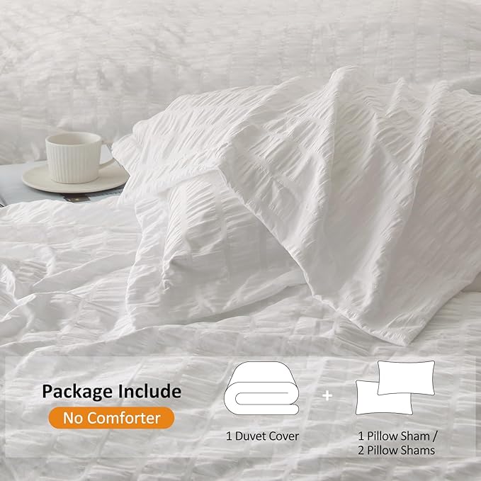 Cozyide White King Size, 3 Pieces Bedding, Soft Breathable Seersucker Duvet Cover Set with Zipper Closure and Corner Ties (1 Duvet Cover 104"x90" + 2 Pillow Shams 20"x36")