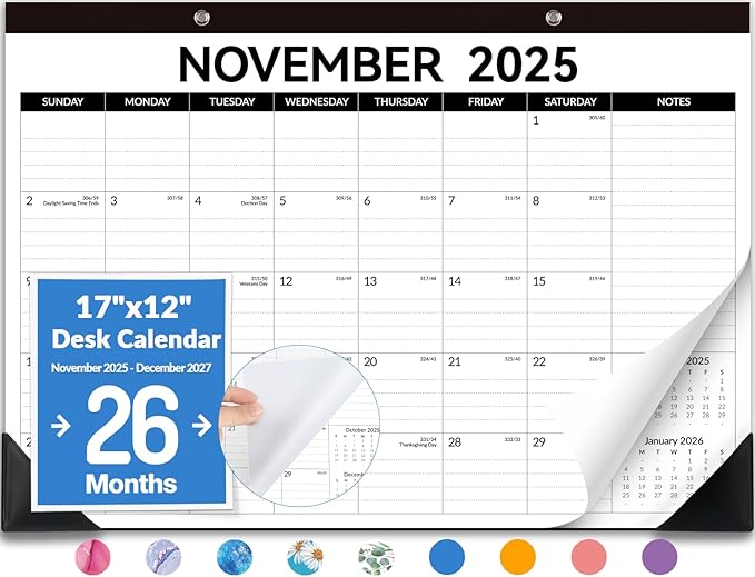 Forvencer Desk Calendar 2026, 26 Months Calendar Runs from November 2025 to December 2027, 17" x 12" Large 2026 Wall Calendar Monthly Planner with Plastic Cover for Home School Office