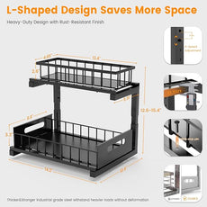 2 Pack Under Sink Organizer, Heavy Duty Metal Slide Out Sink Shelf Organizer Height Adjustable, Multi-Purpose Storage Shelf for Kitchen Bathroom (Black,2Pack)