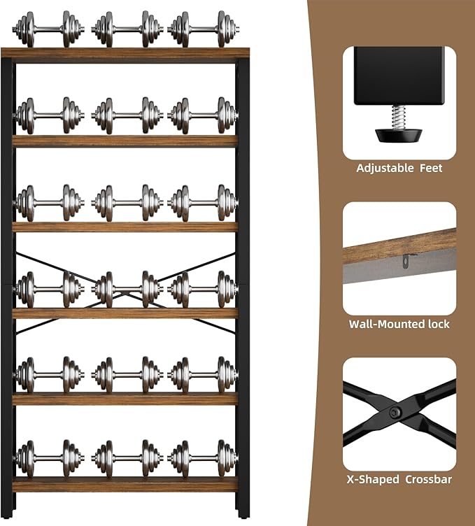 6-Tier Adjustable Heavy Duty Bookshelf, Industrial Wood and Metal Bookshelf, Vintage Bookcase with Lock Wall Design, Shelves for Room Wall Standing, Rustic Brown