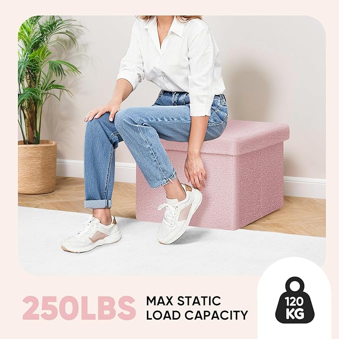 PINPLUS Sherpa Storage Ottoman Footrest Stool - Plush Foldable Cube with Hidden Compartment, Multi-Functional Furniture for Living Room, Bedroom, Office - Pink, 16.5”L x 12.6”W x 12.6”H