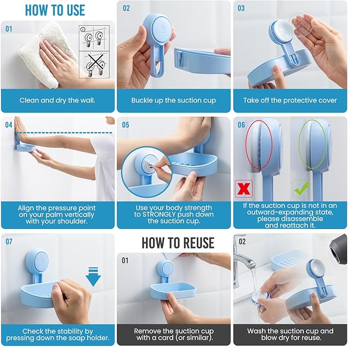 TAILI Soap Dish Bar Holder Suction Cup,SoapSaver with Powerful Vacuum Suction,Sponge Holder for Shower,Bathroom,Tub andKitchen Sink,Universal Shower Accessories,Drill-Free,Removable,2 Pack,Blue