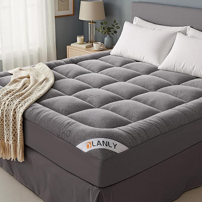 OLANLY Queen Mattress Topper – Viscose Made from Bamboo, Cooling Soft Queen Pillow Top Mattress Pad for Back Pain Relief, Plush Down Alternative Fill Bed Topper with Elastic Deep Pocket, Light Gray