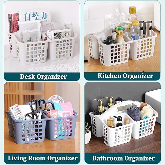 Haundry Plastic Shower Caddy Basket with 3 Compartments, Portable Divided Cleaning Supply Storage Organizer with Handle (Pink)